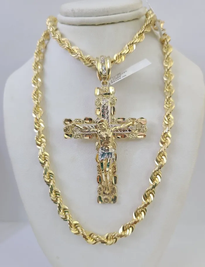 Gold and Diamond Necklaces Real 10k Solid Rope Chain Nugget Cross Charm Set 6mm 2030 Inch Necklace Gold