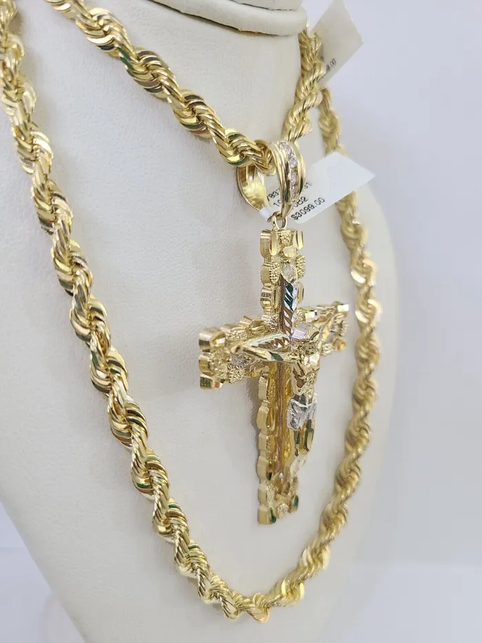 Gold and Diamond Necklaces Real 10k Solid Rope Chain Nugget Cross Charm Set 6mm 2030 Inch Necklace Gold