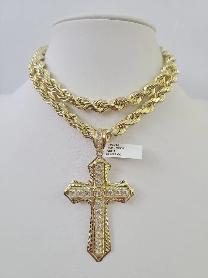 Gold and Diamond Real 10k Rope Chain Jesus Cross Charm Set 8mm 2030 Inch Necklace Yellow Gold Necklaces Gold and Diamond Real 10k Rope Chain Jesus Cross Charm Set 8mm 2030 Inch Necklace Yellow Gold Necklaces