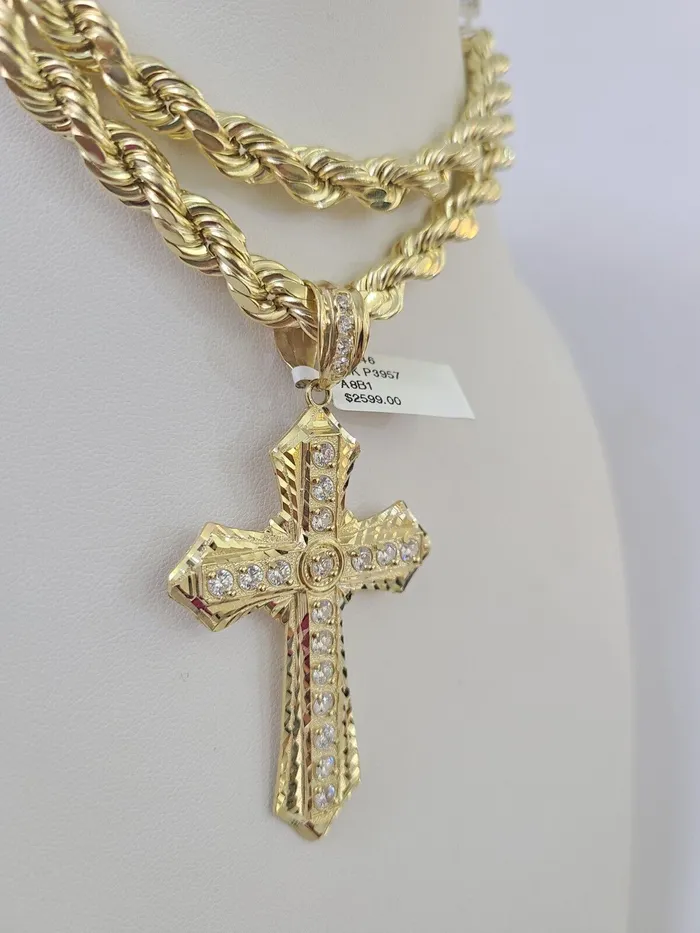 Gold and Diamond Real 10k Rope Chain Jesus Cross Charm Set 8mm 2030 Inch Necklace Yellow Gold Necklaces