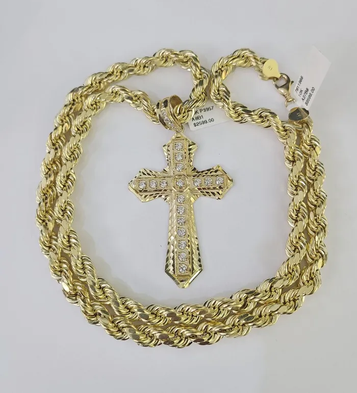 Gold and Diamond Real 10k Rope Chain Jesus Cross Charm Set 8mm 2030 Inch Necklace Yellow Gold Necklaces