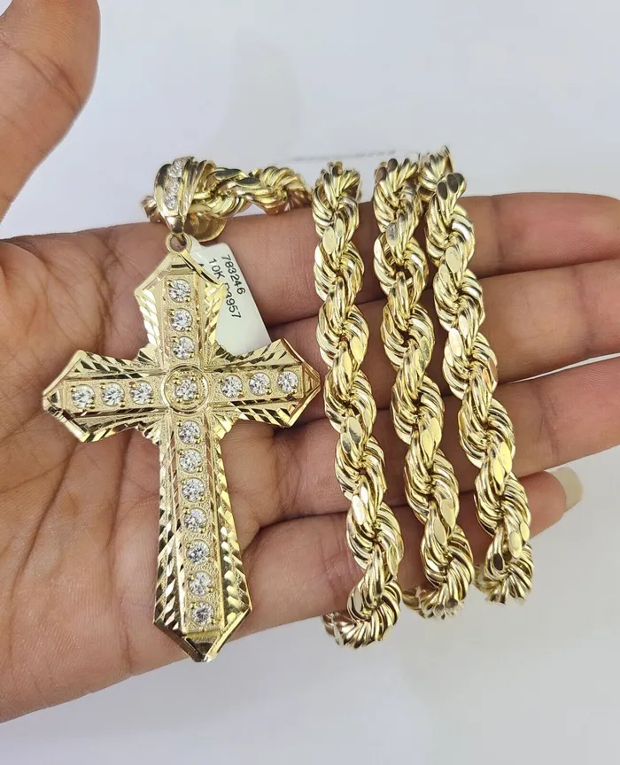 Gold and Diamond Real 10k Rope Chain Jesus Cross Charm Set 8mm 2030 Inch Necklace Yellow Gold Necklaces