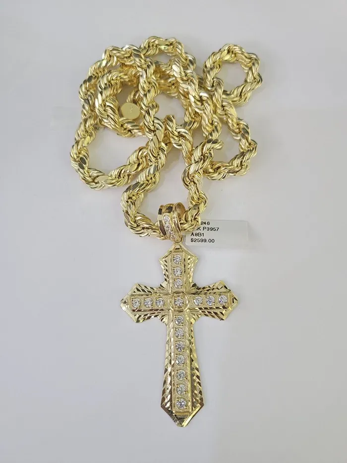 Gold and Diamond Real 10k Rope Chain Jesus Cross Charm Set 8mm 2030 Inch Necklace Yellow Gold Necklaces