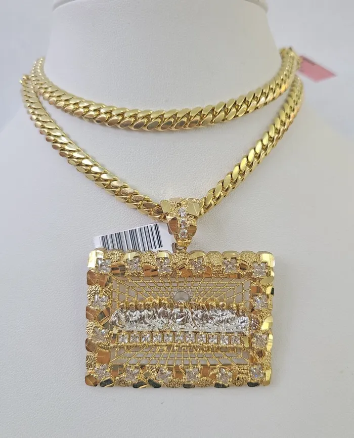 Gold and Diamond Real 14k Solid Chain Last Supper Charm Set Miami Cuban Link 6mm Necklace Pendant Necklaces