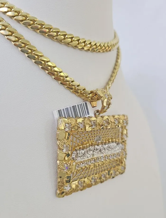 Gold and Diamond Real 14k Solid Chain Last Supper Charm Set Miami Cuban Link 6mm Necklace Pendant Necklaces