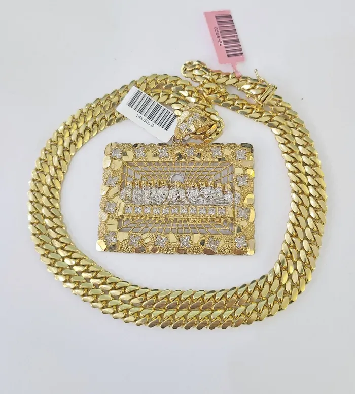 Gold and Diamond Real 14k Solid Chain Last Supper Charm Set Miami Cuban Link 6mm Necklace Pendant Necklaces