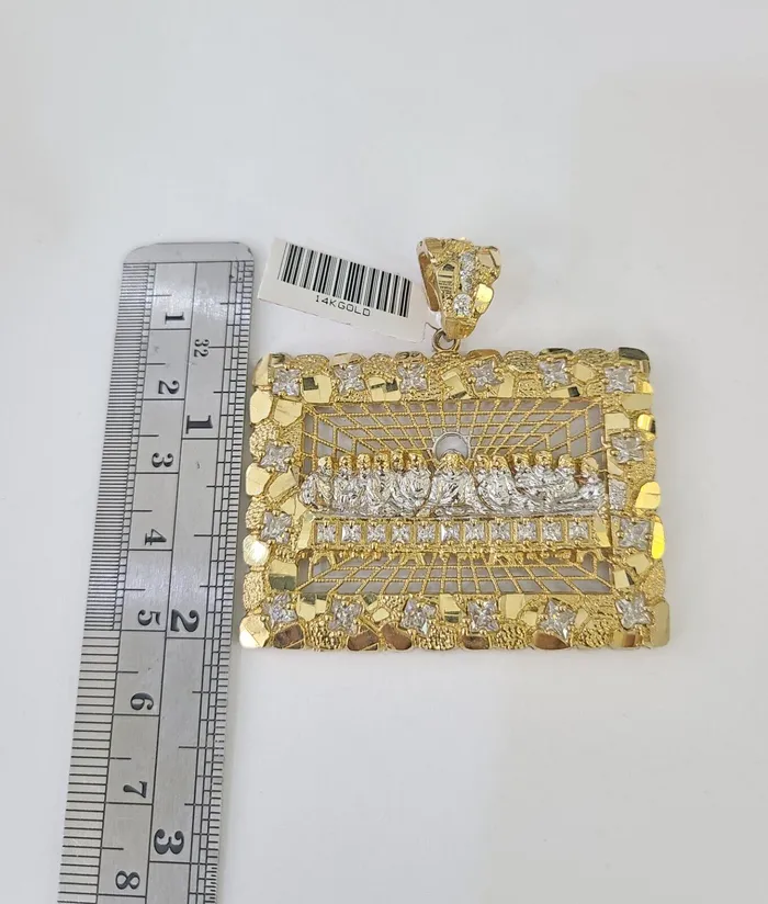 Gold and Diamond Real 14k Solid Chain Last Supper Charm Set Miami Cuban Link 6mm Necklace Pendant Necklaces