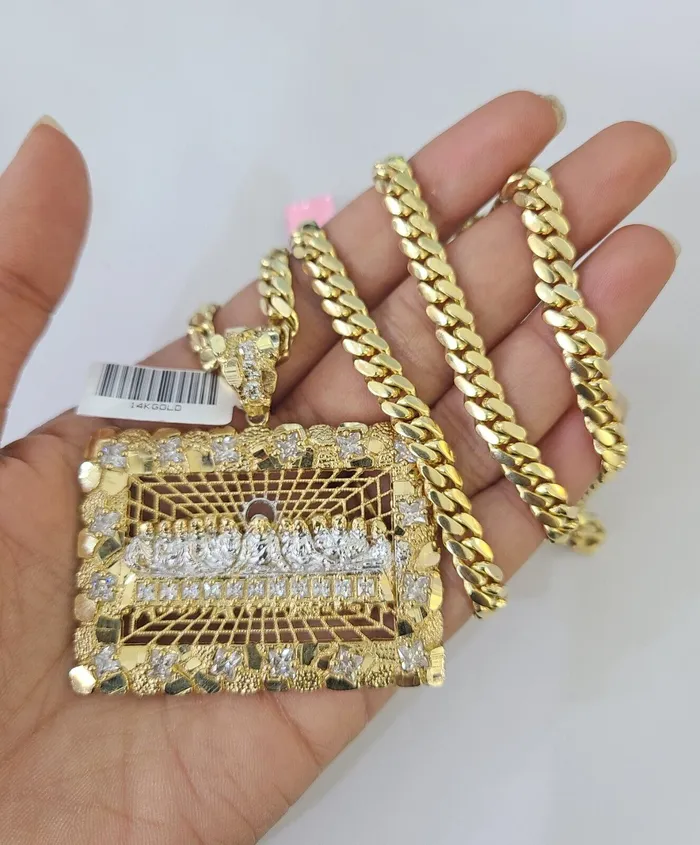 Gold and Diamond Real 14k Solid Chain Last Supper Charm Set Miami Cuban Link 6mm Necklace Pendant Necklaces
