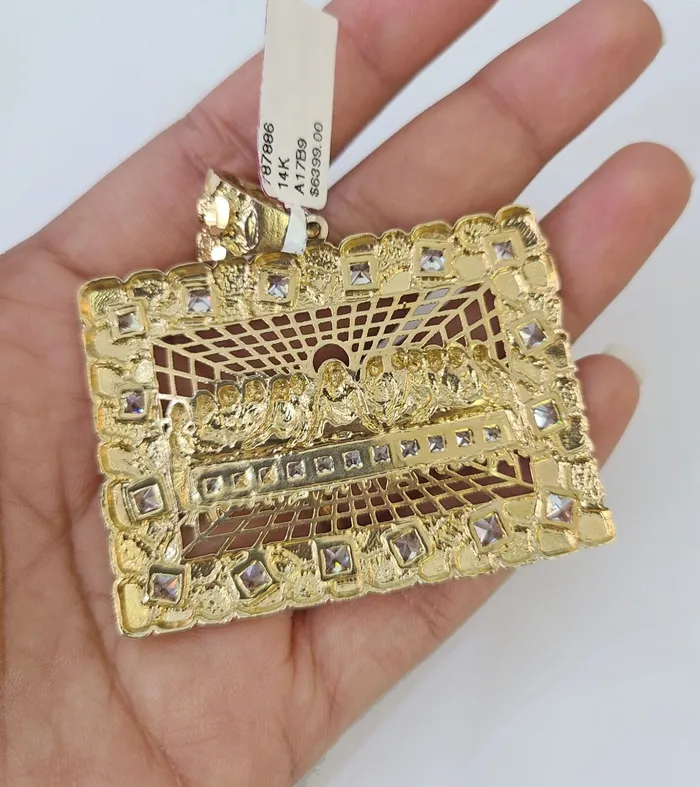 Gold and Diamond Real 14k Solid Chain Last Supper Charm Set Miami Cuban Link 6mm Necklace Pendant Necklaces