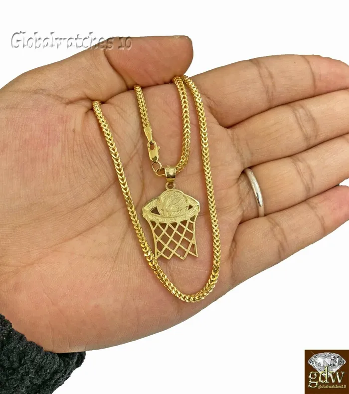 Necklaces 10k Gold Basketball Court Pendant with Franco Chain 20 22 24 Inch Real Gold and Diamond