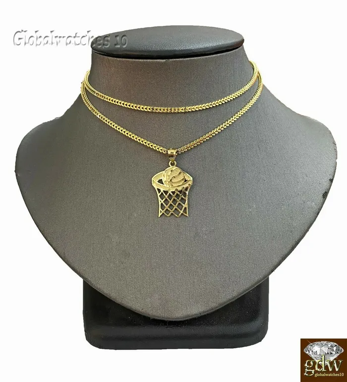 Necklaces 10k Gold Basketball Court Pendant with Franco Chain 20 22 24 Inch Real Gold and Diamond