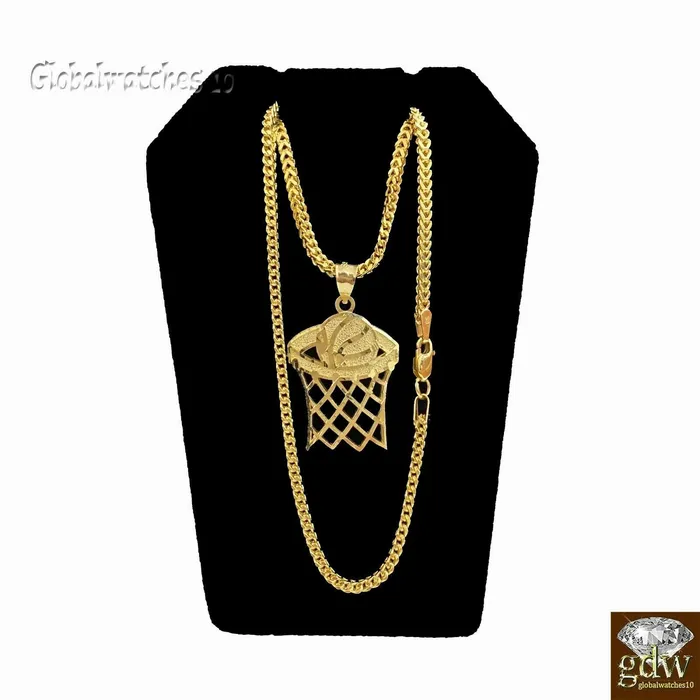 Necklaces 10k Gold Basketball Court Pendant with Franco Chain 20 22 24 Inch Real Gold and Diamond