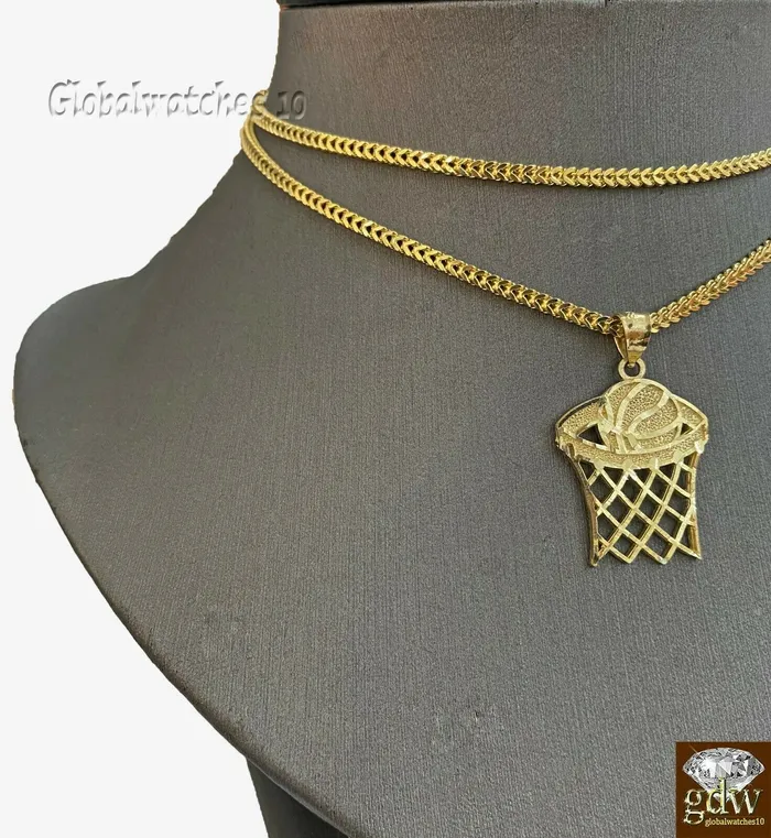 Necklaces 10k Gold Basketball Court Pendant with Franco Chain 20 22 24 Inch Real Gold and Diamond