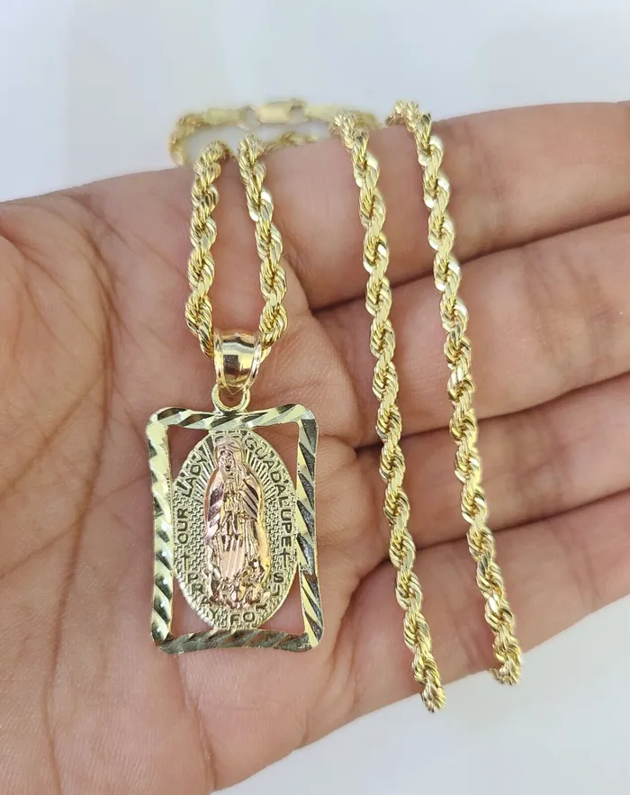 Necklaces Gold and Diamond 10k 3mm Rope Chain Virgin Mary Pendant 1830 Yellow Gold Set Charm Necklace Necklaces Gold and Diamond 10k 3mm Rope Chain Virgin Mary Pendant 1830 Yellow Gold Set Charm Necklace