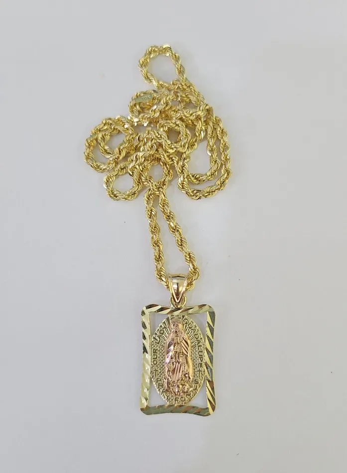Necklaces Gold and Diamond 10k 3mm Rope Chain Virgin Mary Pendant 1830 Yellow Gold Set Charm Necklace