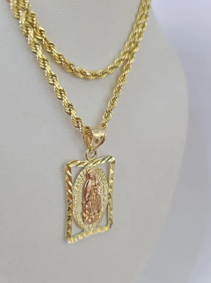 Necklaces Gold and Diamond 10k 3mm Rope Chain Virgin Mary Pendant 1830 Yellow Gold Set Charm Necklace