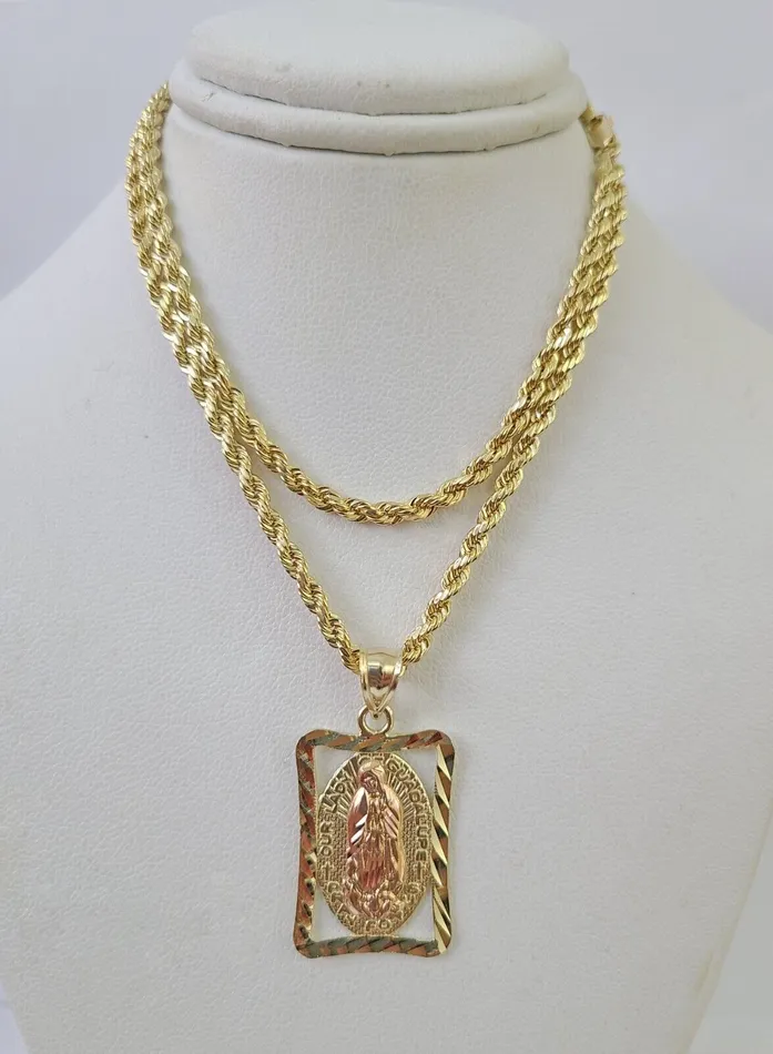 Necklaces Gold and Diamond 10k 3mm Rope Chain Virgin Mary Pendant 1830 Yellow Gold Set Charm Necklace