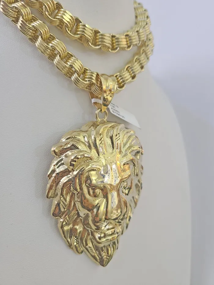Necklaces Gold and Diamond 10k Gold Byzantine Necklace Lion Charm 2030 inches 9mm REAL Yellow SET Chain