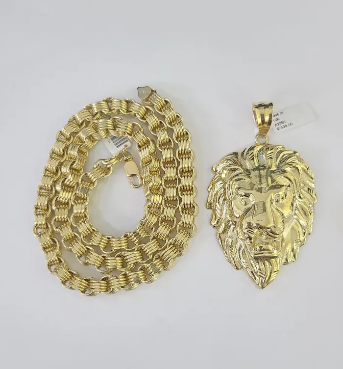 Necklaces Gold and Diamond 10k Gold Byzantine Necklace Lion Charm 2030 inches 9mm REAL Yellow SET Chain