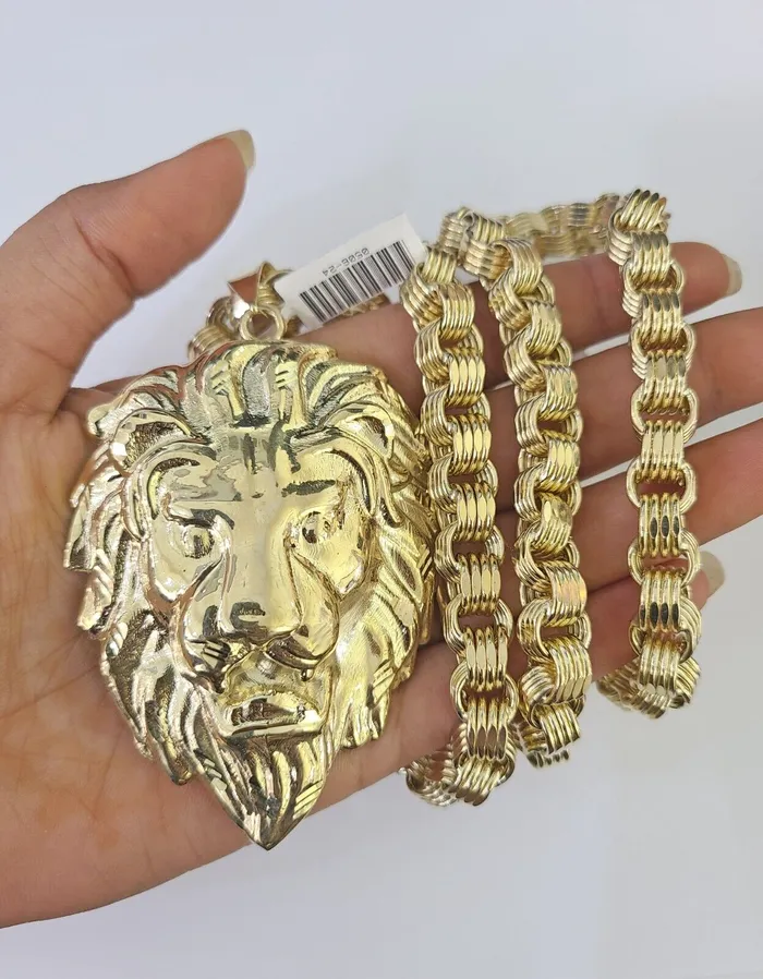 Necklaces Gold and Diamond 10k Gold Byzantine Necklace Lion Charm 2030 inches 9mm REAL Yellow SET Chain