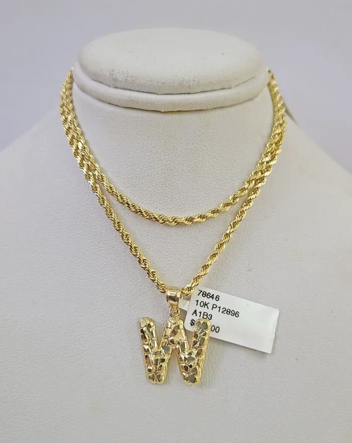 Necklaces Gold and Diamond 10k Gold Initial W Charm Rope Chain 1626 25mm SET Necklace Alphabet Pendant Necklaces Gold and Diamond 10k Gold Initial W Charm Rope Chain 1626 25mm SET Necklace Alphabet Pendant