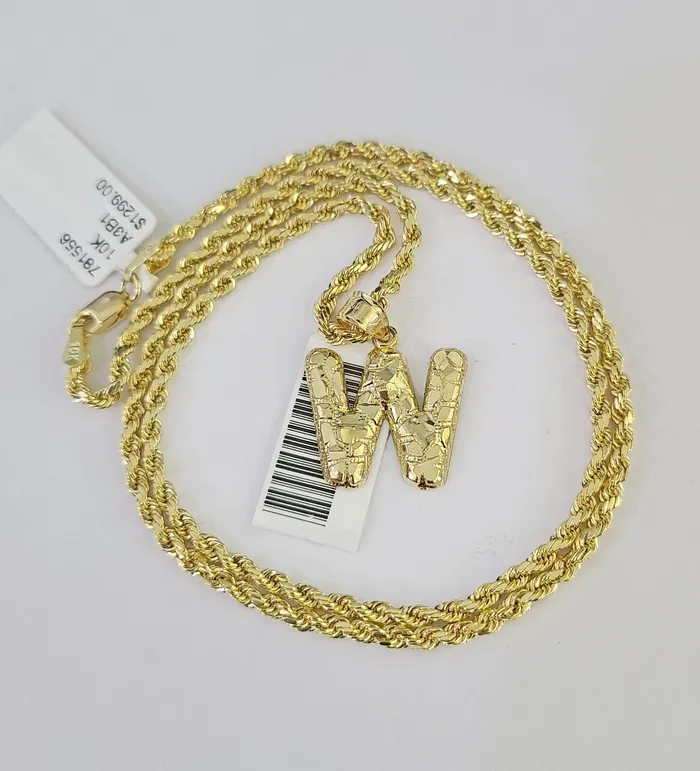 Necklaces Gold and Diamond 10k Gold Initial W Charm Rope Chain 1626 25mm SET Necklace Alphabet Pendant