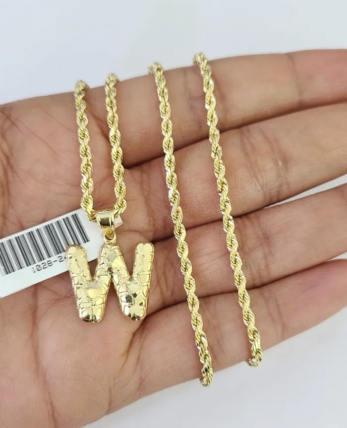 Necklaces Gold and Diamond 10k Gold Initial W Charm Rope Chain 1626 25mm SET Necklace Alphabet Pendant