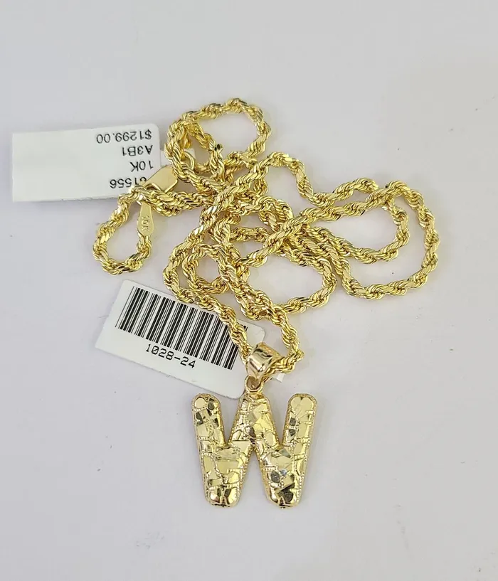 Necklaces Gold and Diamond 10k Gold Initial W Charm Rope Chain 1626 25mm SET Necklace Alphabet Pendant