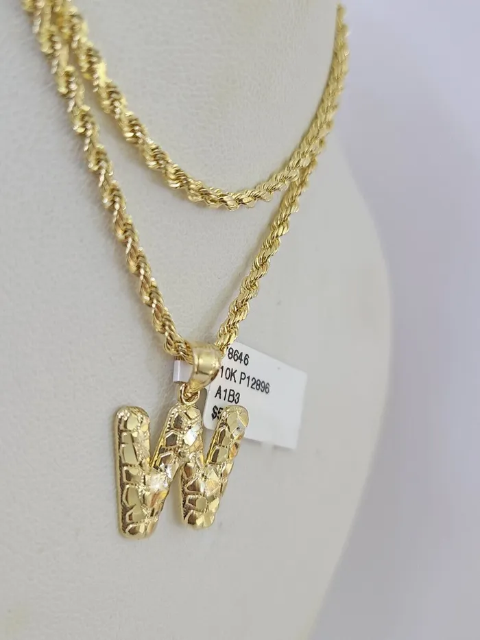 Necklaces Gold and Diamond 10k Gold Initial W Charm Rope Chain 1626 25mm SET Necklace Alphabet Pendant