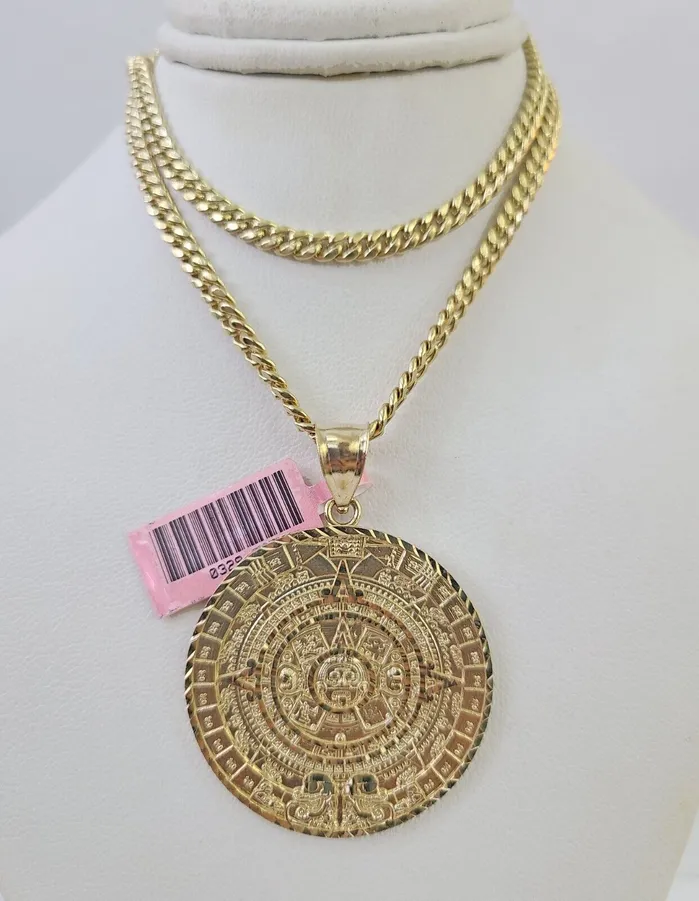 Necklaces Gold and Diamond Real 14k Chain Mayan Calendar Charm Set Miami Cuban Link 4mm Necklace Pendant Necklaces Gold and Diamond Real 14k Chain Mayan Calendar Charm Set Miami Cuban Link 4mm Necklace Pendant