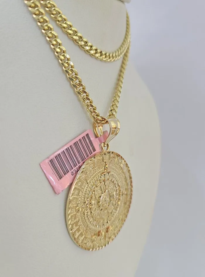 Necklaces Gold and Diamond Real 14k Chain Mayan Calendar Charm Set Miami Cuban Link 4mm Necklace Pendant