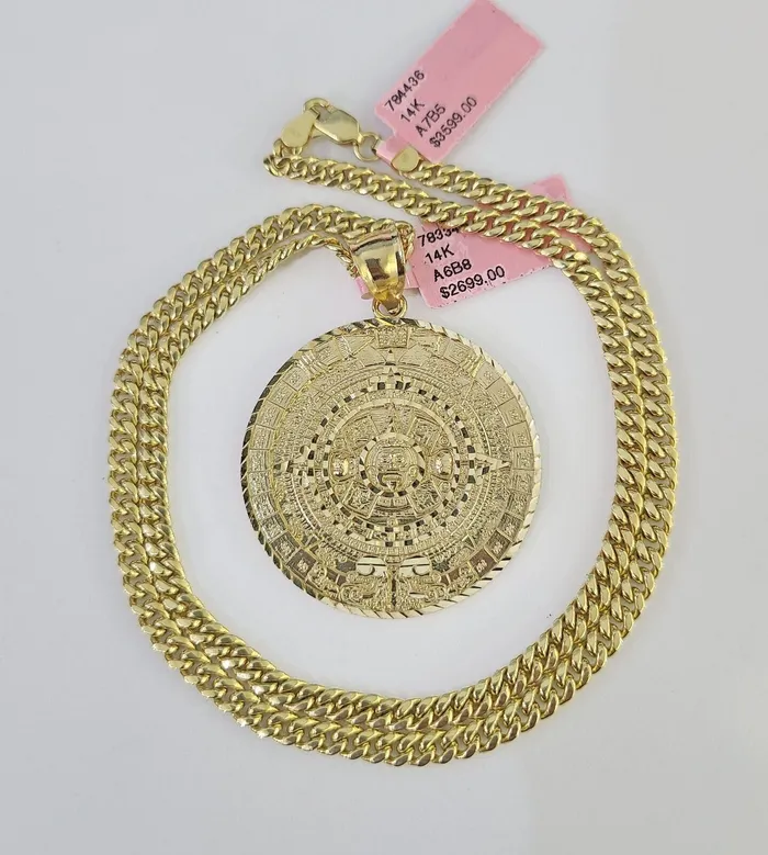 Necklaces Gold and Diamond Real 14k Chain Mayan Calendar Charm Set Miami Cuban Link 4mm Necklace Pendant
