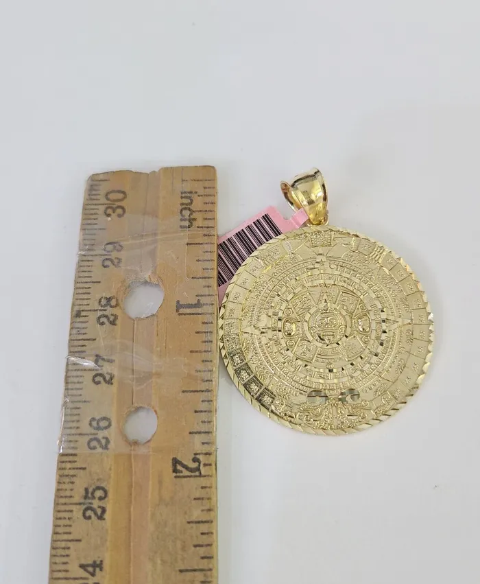 Necklaces Gold and Diamond Real 14k Chain Mayan Calendar Charm Set Miami Cuban Link 4mm Necklace Pendant
