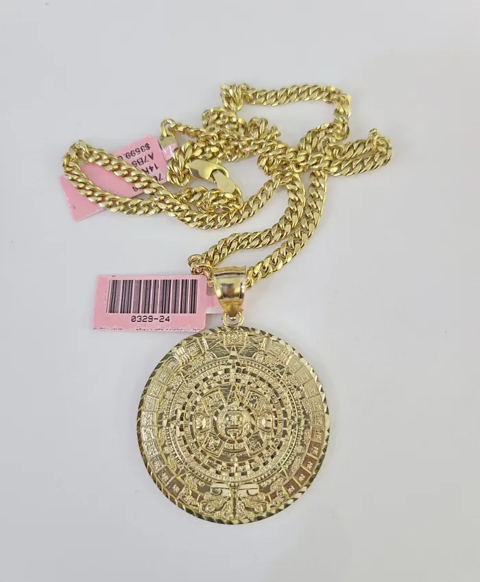 Necklaces Gold and Diamond Real 14k Chain Mayan Calendar Charm Set Miami Cuban Link 4mm Necklace Pendant