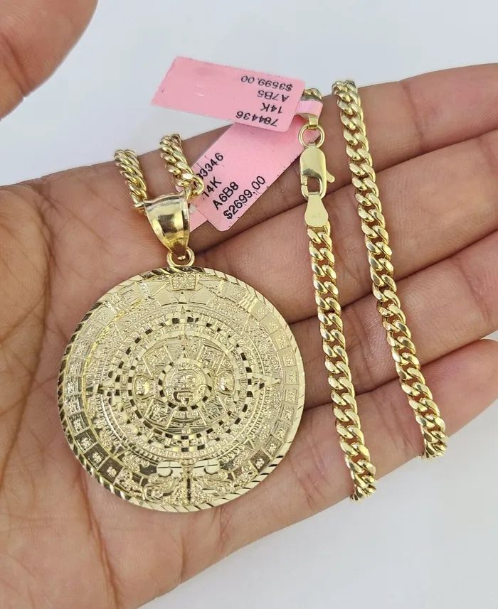 Necklaces Gold and Diamond Real 14k Chain Mayan Calendar Charm Set Miami Cuban Link 4mm Necklace Pendant