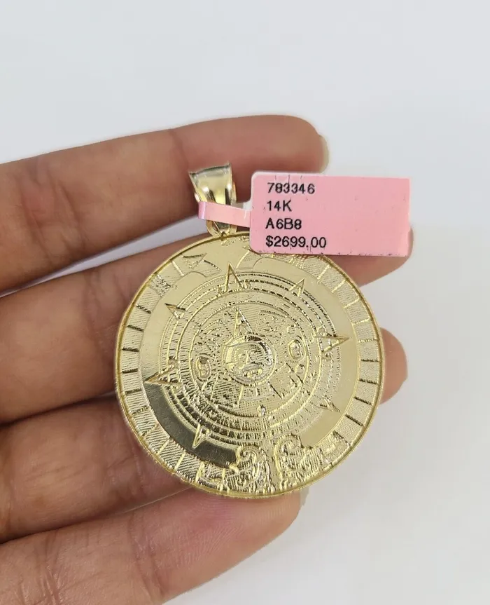 Necklaces Gold and Diamond Real 14k Chain Mayan Calendar Charm Set Miami Cuban Link 4mm Necklace Pendant