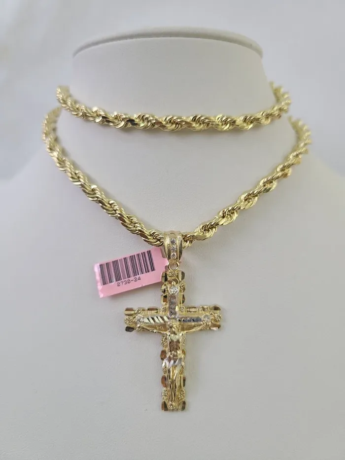 Necklaces Gold and Diamond Real 14k Rope Chain Jesus Cross Charm Set 6mm 1828 Necklace Yellow Gold Necklaces Gold and Diamond Real 14k Rope Chain Jesus Cross Charm Set 6mm 1828 Necklace Yellow Gold