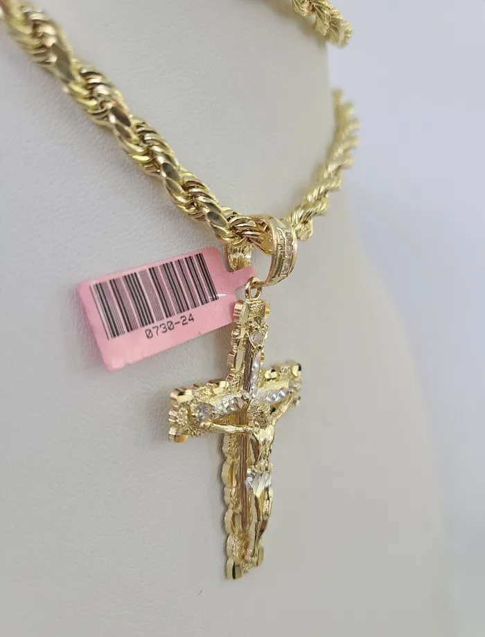 Necklaces Gold and Diamond Real 14k Rope Chain Jesus Cross Charm Set 6mm 1828 Necklace Yellow Gold