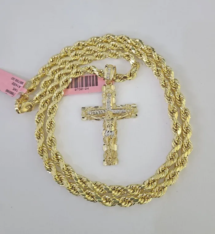 Necklaces Gold and Diamond Real 14k Rope Chain Jesus Cross Charm Set 6mm 1828 Necklace Yellow Gold