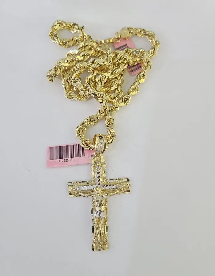 Necklaces Gold and Diamond Real 14k Rope Chain Jesus Cross Charm Set 6mm 1828 Necklace Yellow Gold