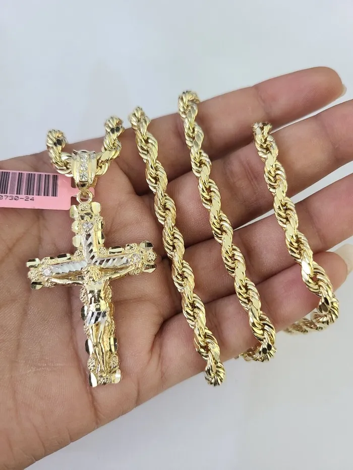 Necklaces Gold and Diamond Real 14k Rope Chain Jesus Cross Charm Set 6mm 1828 Necklace Yellow Gold