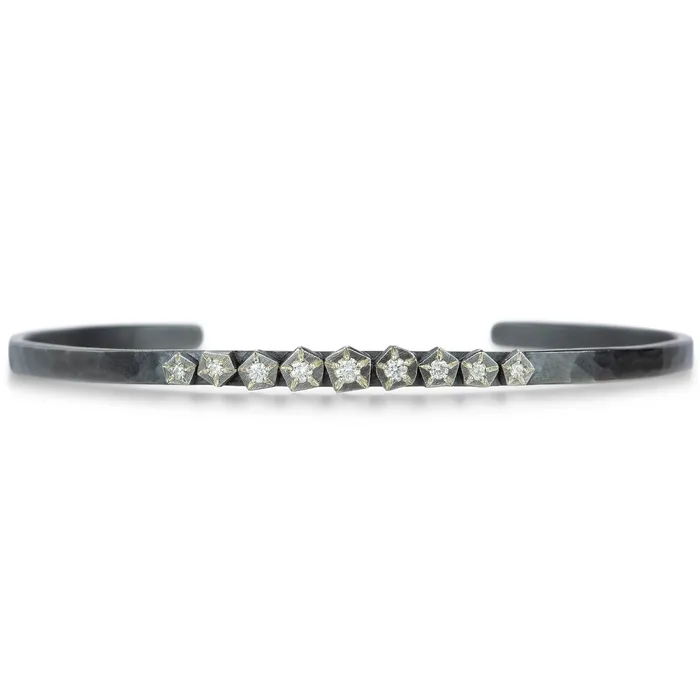 Oxidized Silver Thin Rock Cuff with Diamonds Annie Fensterstock Rings