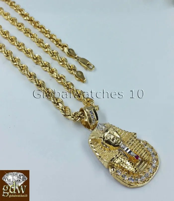 Real Mens 10k Gold 28 Inch Rope Chain Egyptian Pharaoh Head Charm Pendant Gold and Diamond Charm Necklaces Real Mens 10k Gold 28 Inch Rope Chain Egyptian Pharaoh Head Charm Pendant Gold and Diamond Charm Necklaces