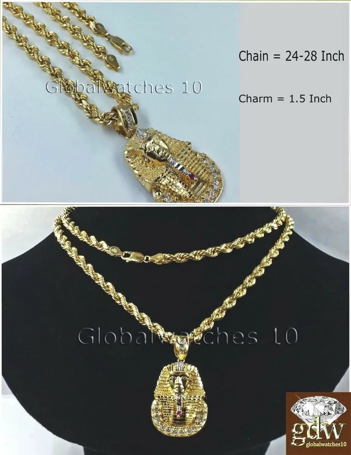 Real Mens 10k Gold 28 Inch Rope Chain Egyptian Pharaoh Head Charm Pendant Gold and Diamond Charm Necklaces