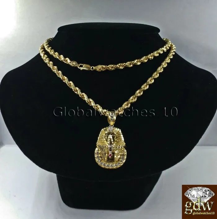 Real Mens 10k Gold 28 Inch Rope Chain Egyptian Pharaoh Head Charm Pendant Gold and Diamond Charm Necklaces
