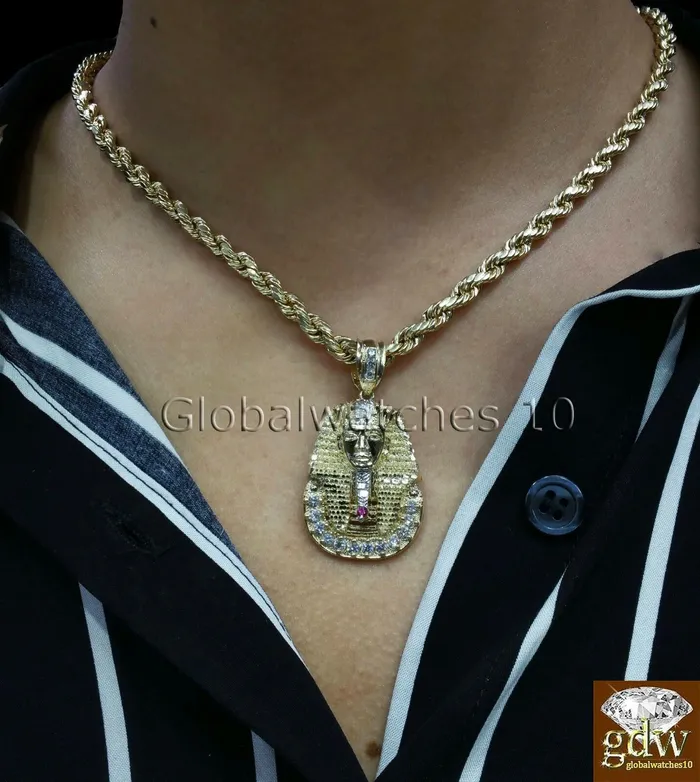 Real Mens 10k Gold 28 Inch Rope Chain Egyptian Pharaoh Head Charm Pendant Gold and Diamond Charm Necklaces