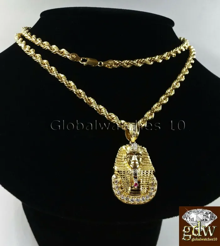 Real Mens 10k Gold 28 Inch Rope Chain Egyptian Pharaoh Head Charm Pendant Gold and Diamond Charm Necklaces