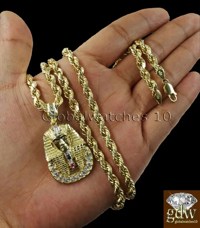 Real Mens 10k Gold 28 Inch Rope Chain Egyptian Pharaoh Head Charm Pendant Gold and Diamond Charm Necklaces