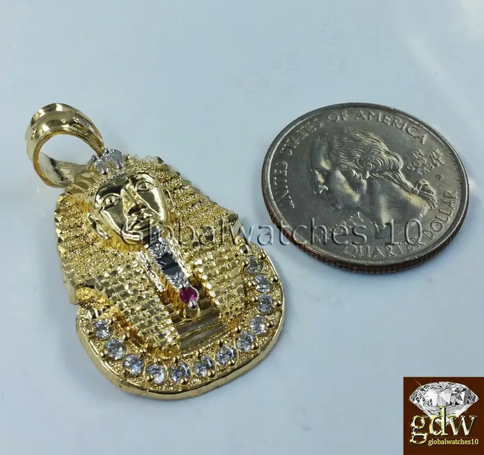 Real Mens 10k Gold 28 Inch Rope Chain Egyptian Pharaoh Head Charm Pendant Gold and Diamond Charm Necklaces