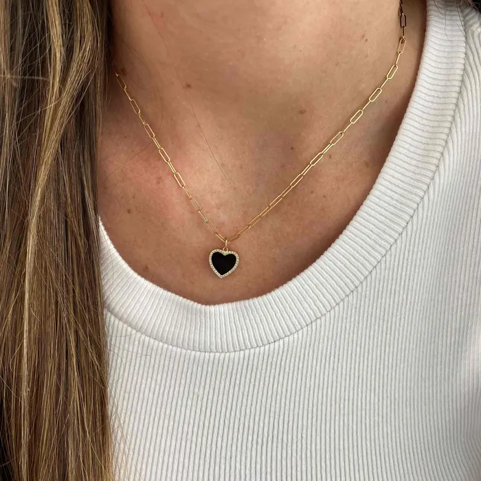 Alev Jewelry Charm Necklaces Medium Pave Outline Black Onyx Heart Charm